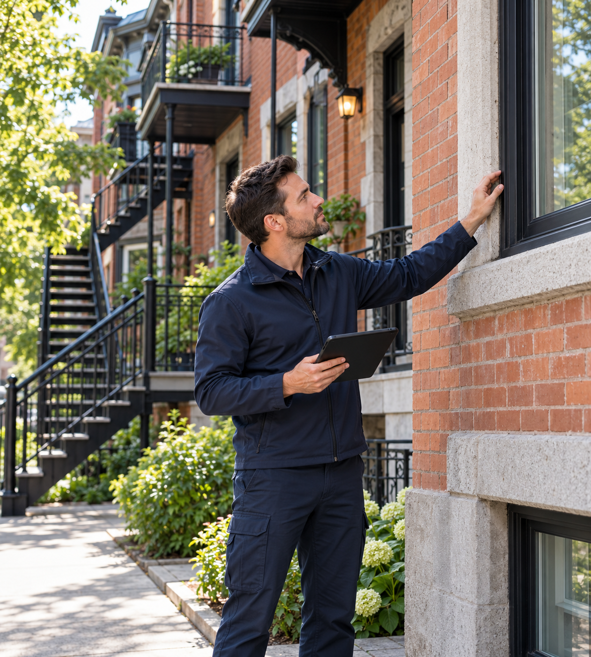 Inspector inspecting a residential building in Montreal